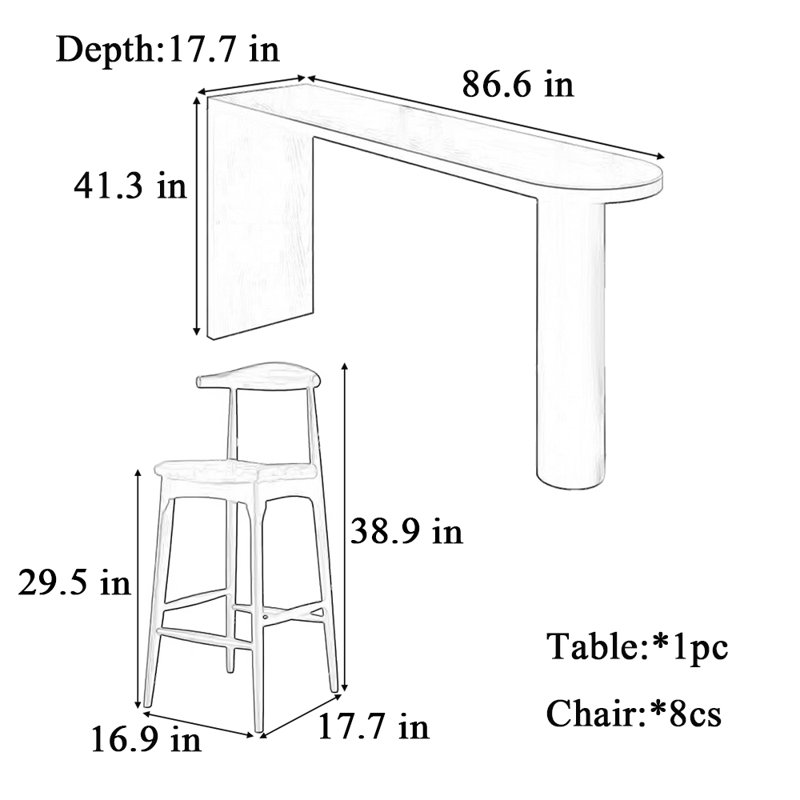 Petite table haute et chaise, H 41,3 po x L 86,6 po x l 17,7 po