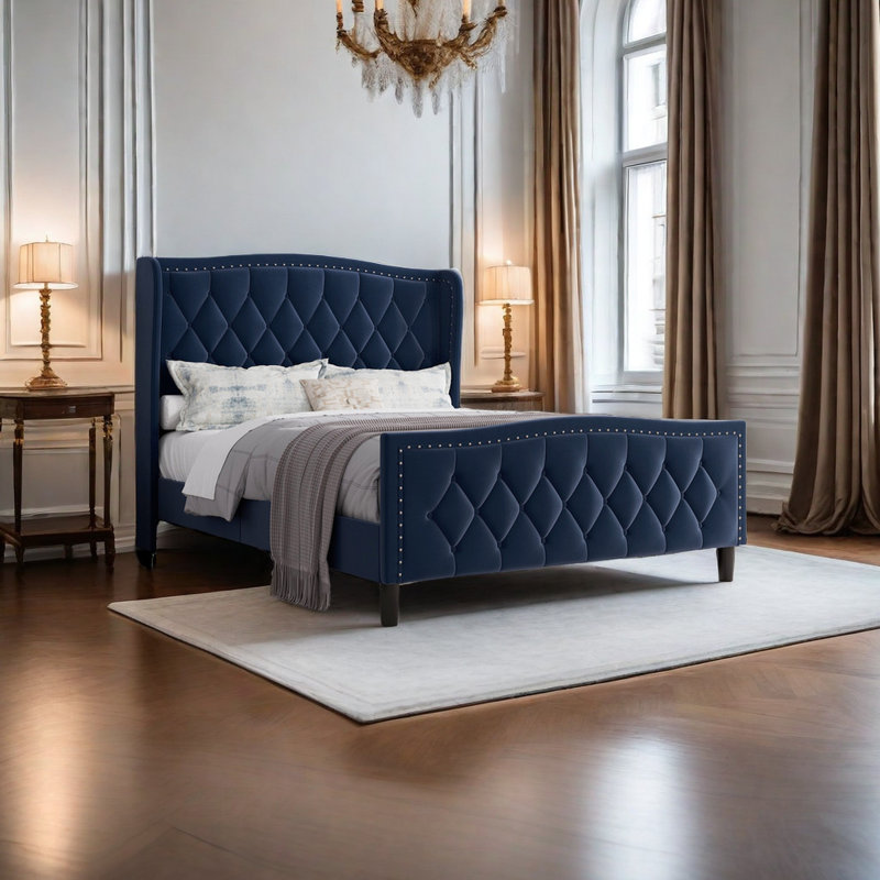 Mirabai Upholstered Metal Wingback Bed, Blue, Queen
