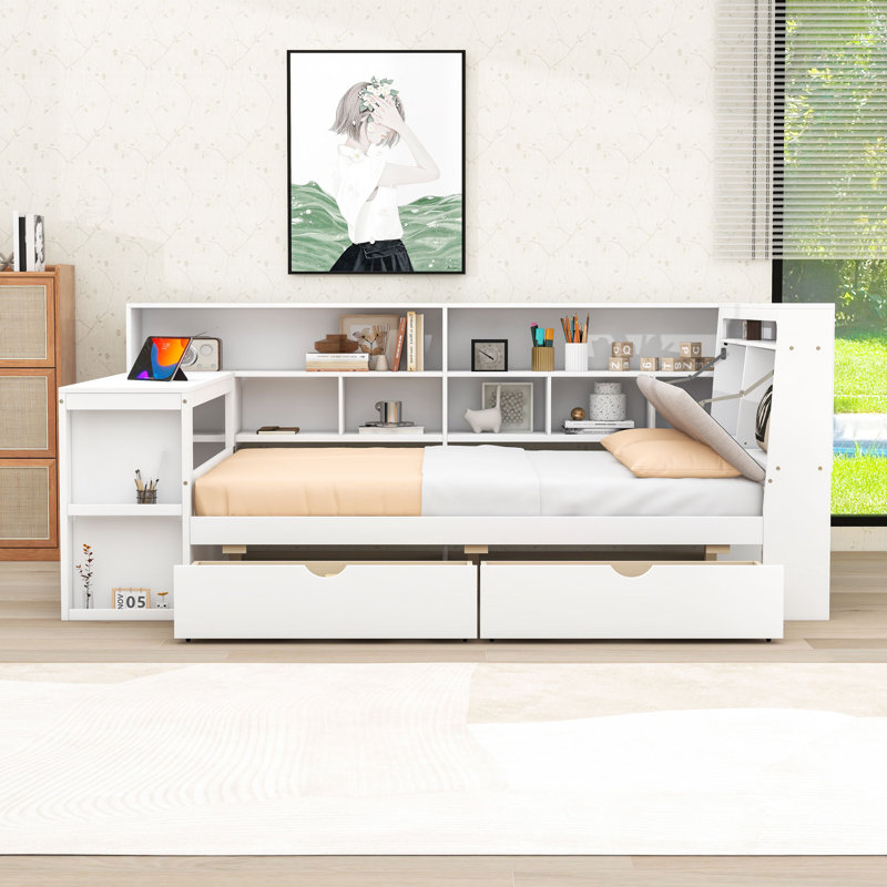 Lit de jour multifonctionnel avec bureau intégré, lumière RVB, tête de lit tapissier et tiroirs de rangement, Lit double