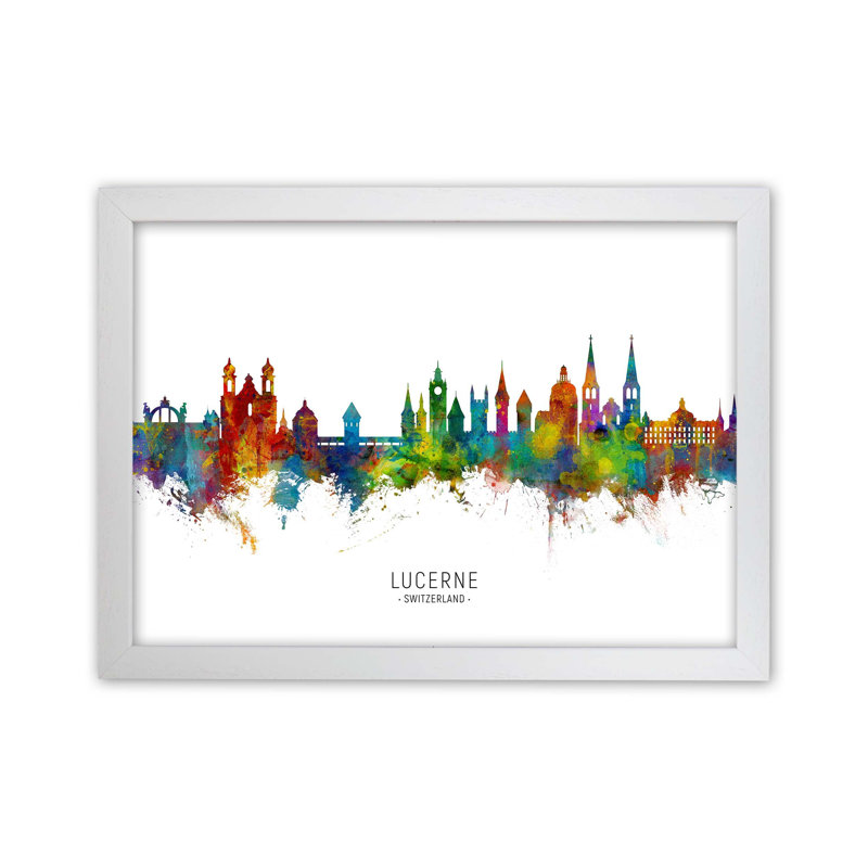 Lucerne Switzerland Skyline by Michael Tompsett - Print, 34cm H x 46cm W x 3cm D, White Framed