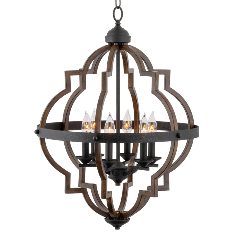 Estefanita 6 - Light Dimmable Geometric Chandelier, Textured Black Accents/Walnut Style Finish