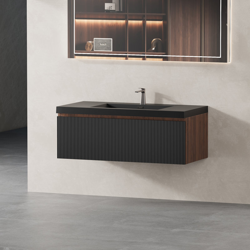 Meuble-lavabo mural 42 po avec lavabo et tiroir Hovik, Bois de chêne naturel, Bois de chêne naturel
