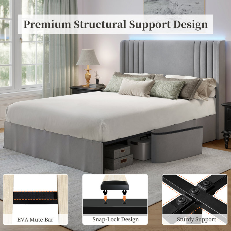 Upholstered Bed, Grey, King(5'), Velvet