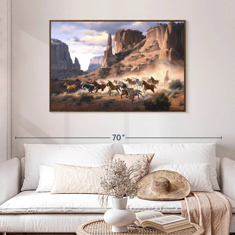 Grès et chevaux volés, 46 po x 31 po, Cadre flottant noyer