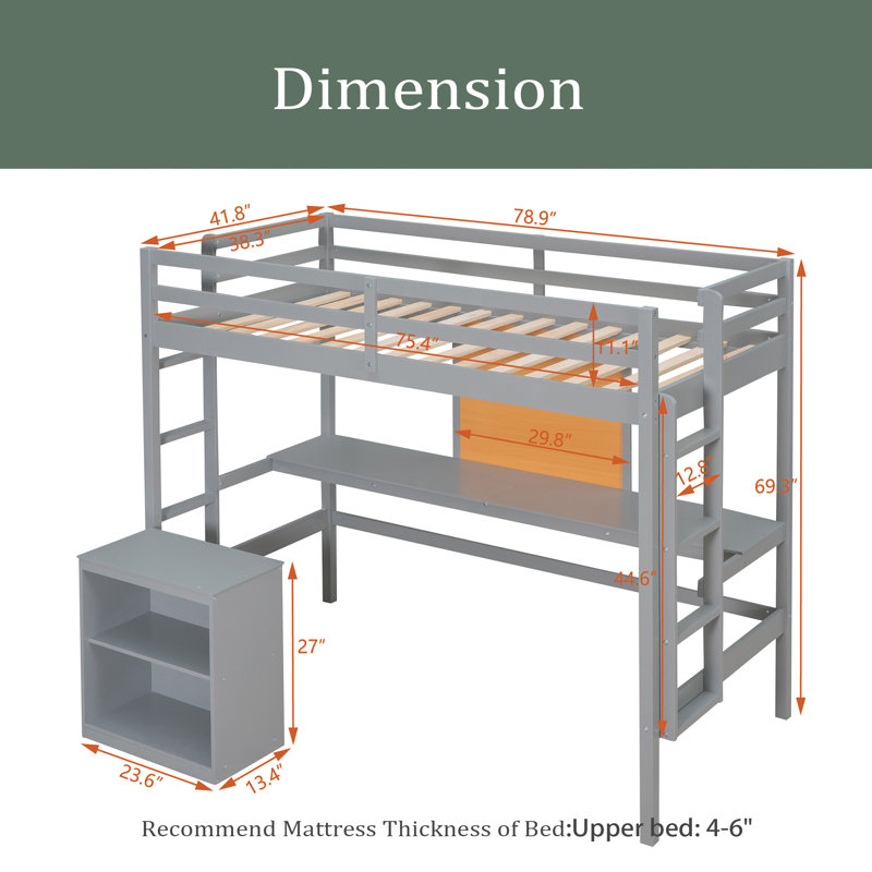 Lit mezzanine simple avec tablettes Gwenan par Harriet Bee, Gris