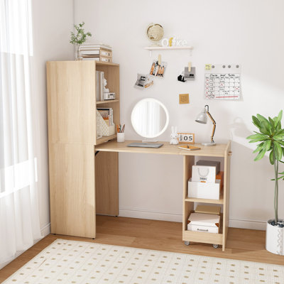 Bureau extensible, bureau avec tablettes de rangement et roulettes mobiles, bureau pliable adapté aux petits appartements et bureaux, Burlywood
