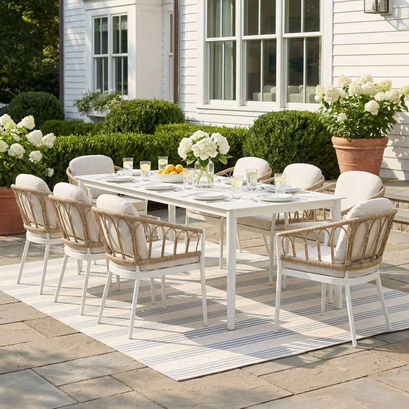 Silvie 9-Piece Wicker Aluminum Patio Dining Set with Rectangular Table and Beige Cushions