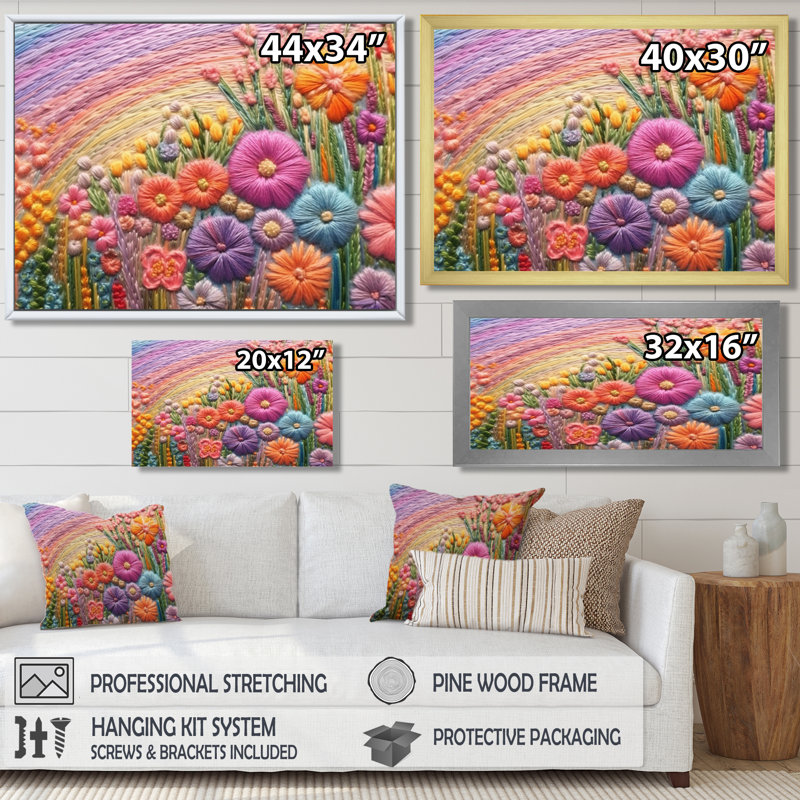 Broderie pastel arc-en-ciel fleur printanière - fleurs sauvages, Toile avec cadre flottant noir, H 30 po x l 40 po x P 1,5 po