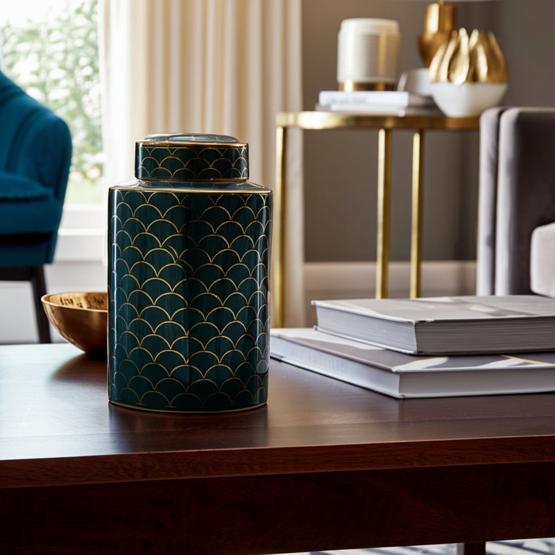Parsant Jar Stoneware Ceramic Glam Style Honeycomb Hexagon Design with Glossy Metallic Accents and Removable Lid for Glamorous Display and Decorative Modern Appeal in Contemporary Interiors