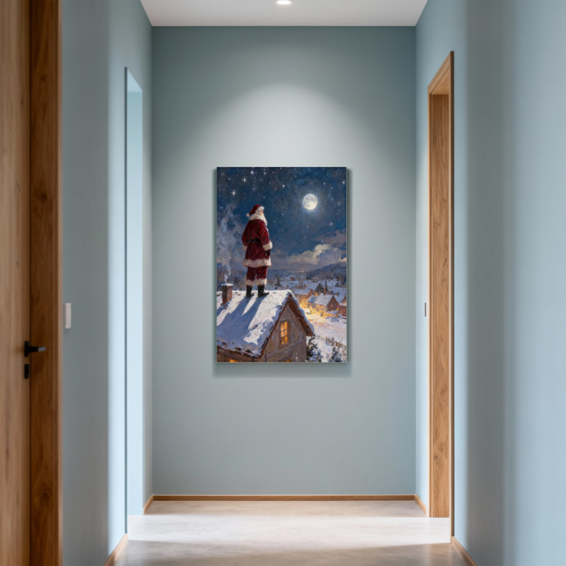 Père Noël de Noël sur le toit, nuit d'hiver au clair de lune, H 24 po x l 16 po