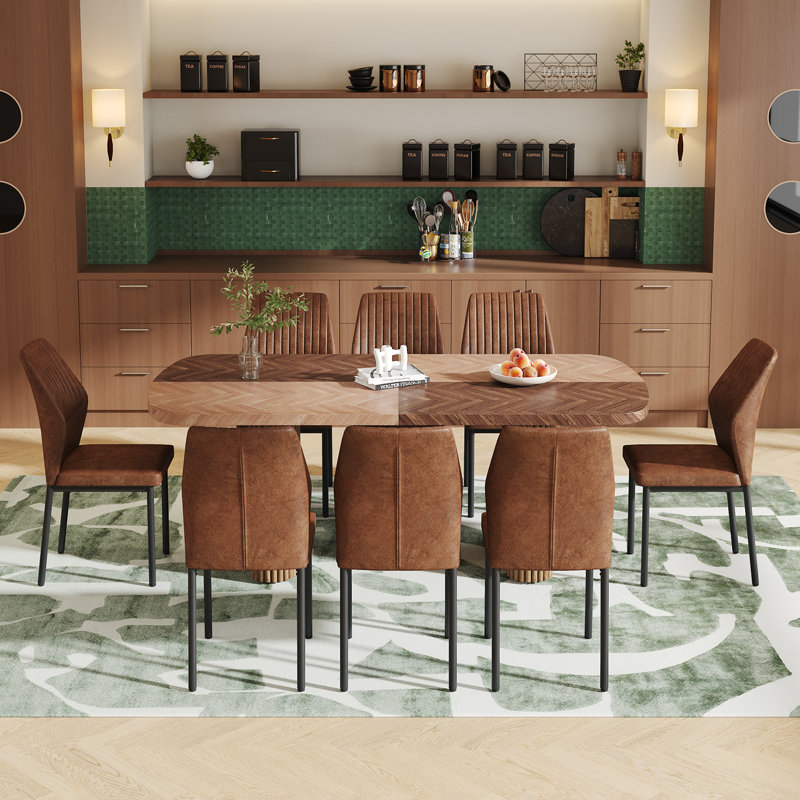 Large Farmhouse Kitchen Dinning Table Set Double Robust Pedestal, 9 Pieces: Table, 8 Chairs, Brown