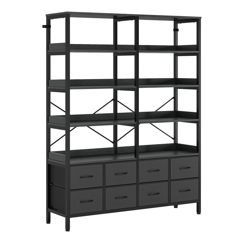 7-Tier Double Wide Bookshelves, Tall Bookcase With 8 Drawers Storage Organizer, Industrial Display Free Standing Shelf Units, Metal Storage Rack For Home Office Bedroom