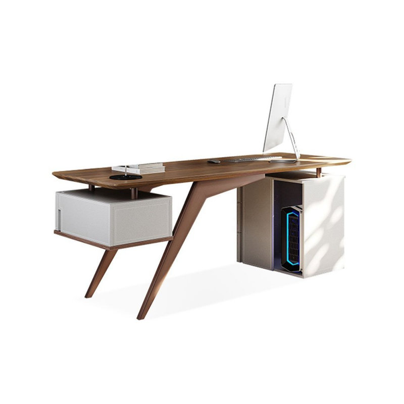 Bureau à 4 tiroirs brun noisette + blanc beige + bois manufacturé rectangulaire champagne + acier au carbone, Retour à gauche