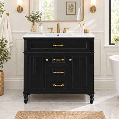 Meuble-lavabo de 91 cm avec lavabo en céramique, meuble de salle de bain autoportant, tiroir supérieur rabattable, portes à fermeture amortie, 2 tiroirs de rangement, noir