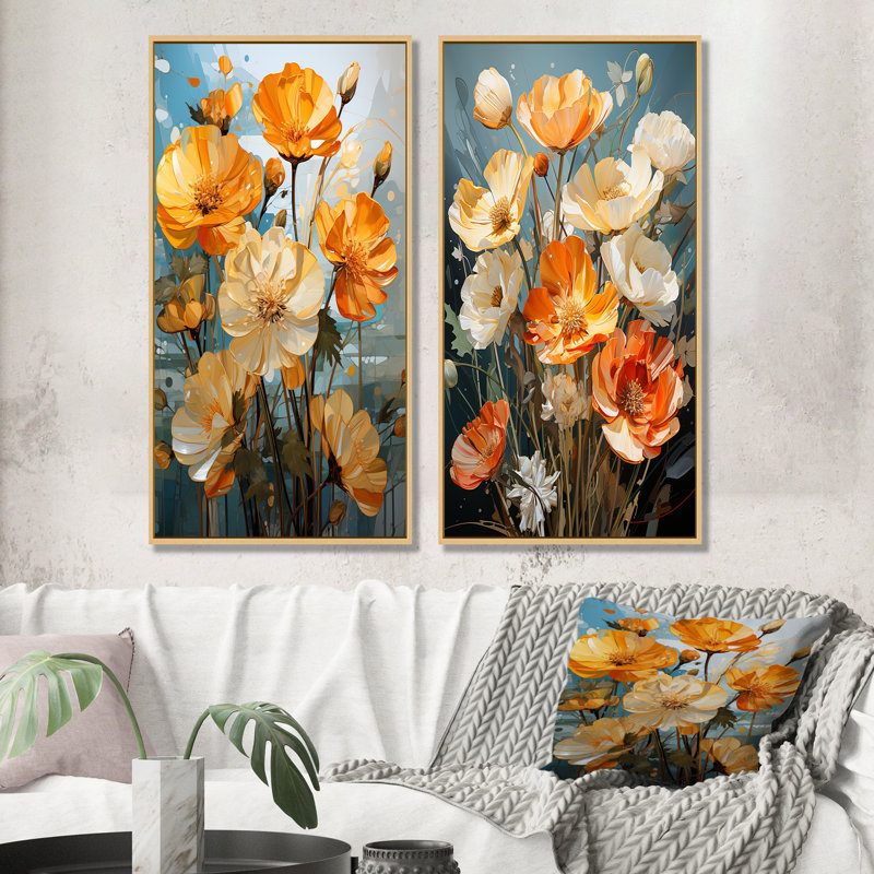 Buttercups Are Fragmented In Angular Shapes - Ensemble de salon mural Buttercups, Cadre flottant brun, H 28 po x l 25 po