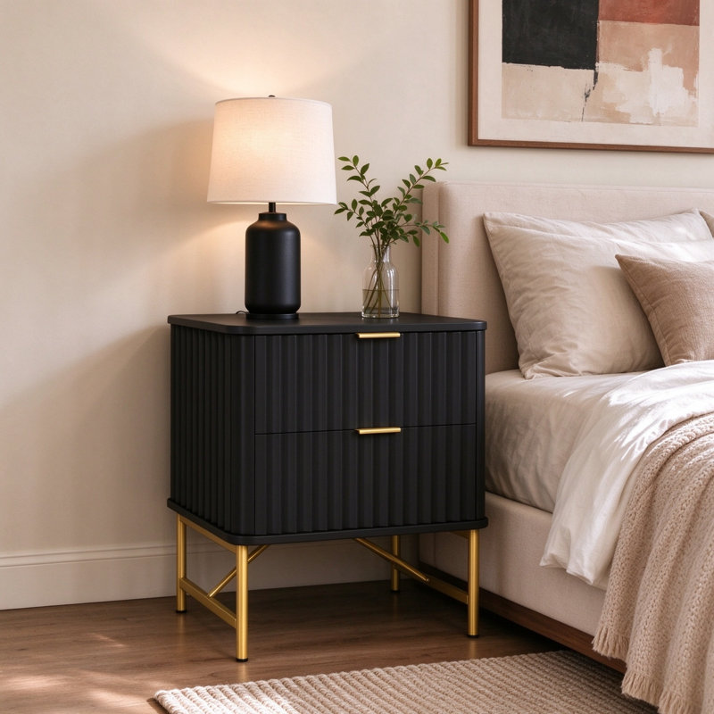 Barbeau Modern Fluted Nightstand With 2 Drawers, Black
