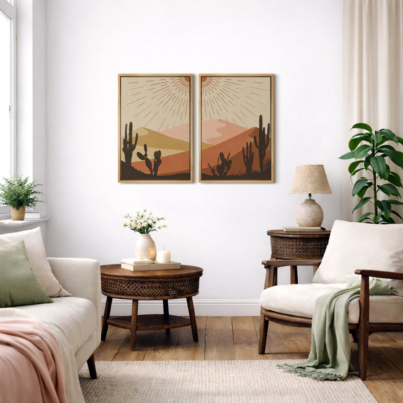 «Cactus Desert Brown Sun Rays Southwest Landscape», reproduction d'art sur toile encadrée 2 pièces, Naturel