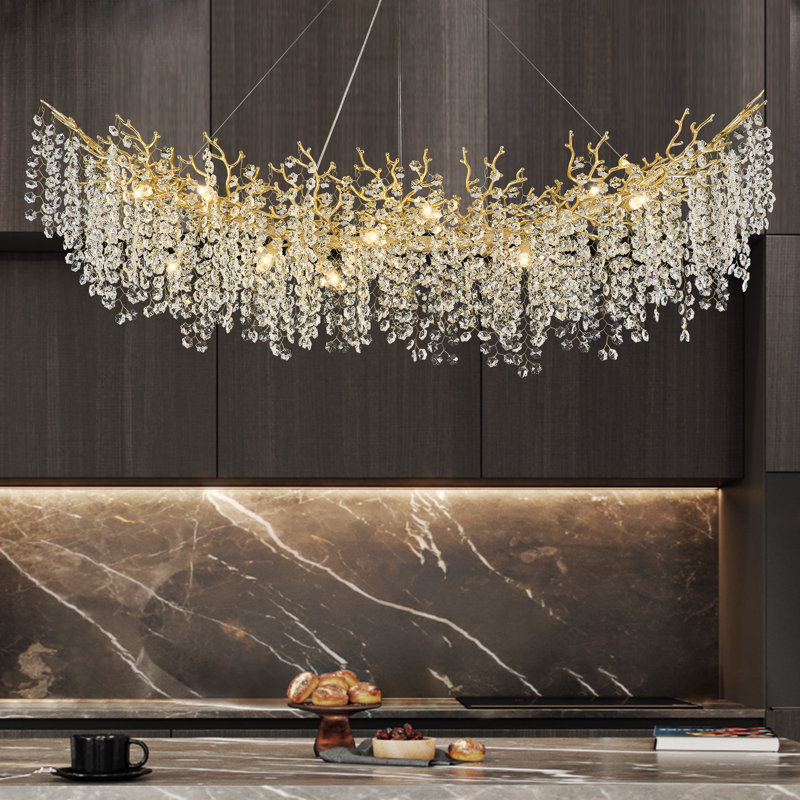 Tree Branch Snow Crystal Chandelier Lighting 63"L, Gold/White