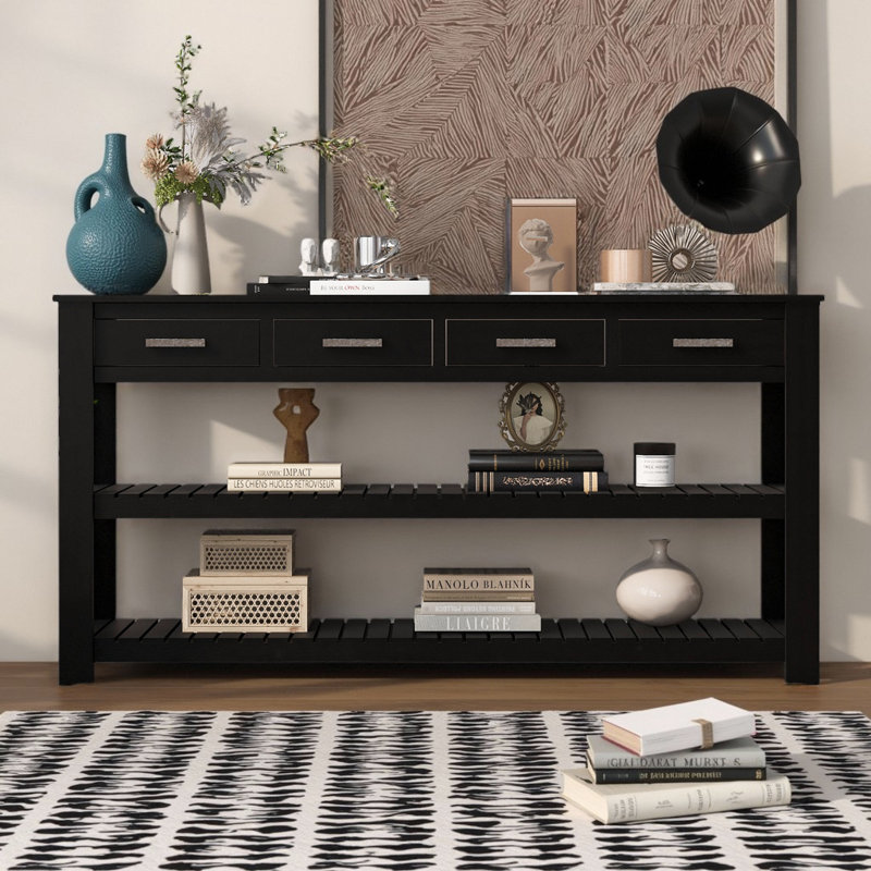 Console 62,2 po avec 4 tiroirs et 2 tablettes, Noir