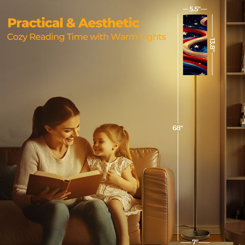  68.5" Standing Floor Lamp Patriotic American Flag Inspired Swirling Red White Blue Design Stars Dimmable Metal Pole Lamp with Linen Lampshade LED Bulb Included