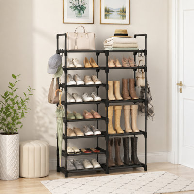 8-Tier Black Metal Tall Shoe Rack for Closet Entryway Garage, Holds 26-32 Pairs, Features 15 Hooks and Stackable Design