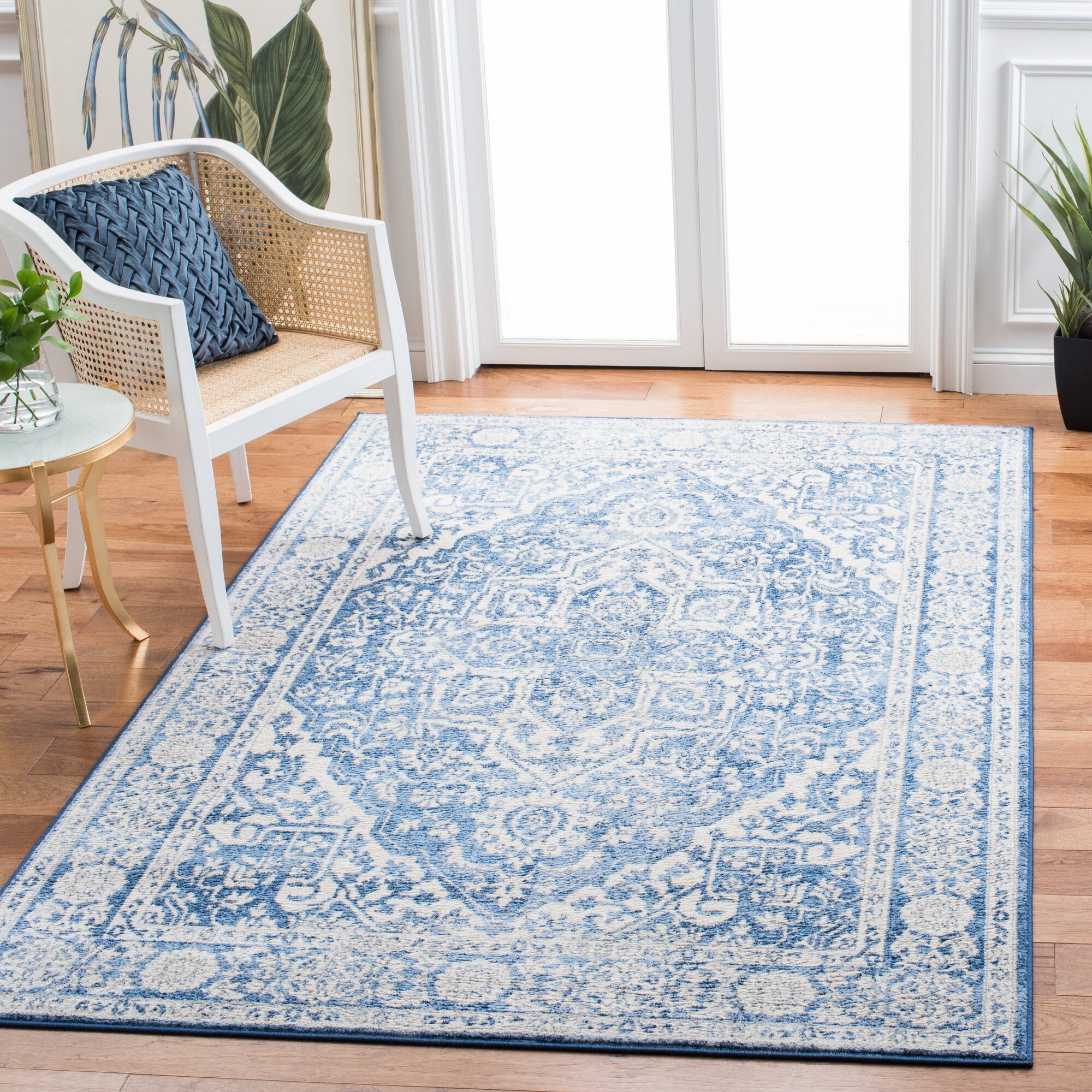 Oriental Machine Woven Rectangle 6' x 9' Synthetic Area Rug in Blue/Brown/Ivory Bungalow Rose