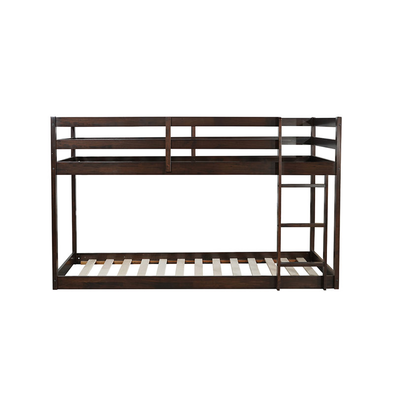 Bunk Bed Twin Over Twin With Ladder And Safety Guardrails, Solid Wood Low Bunk Beds Frame For Teens And Adults, Espresso