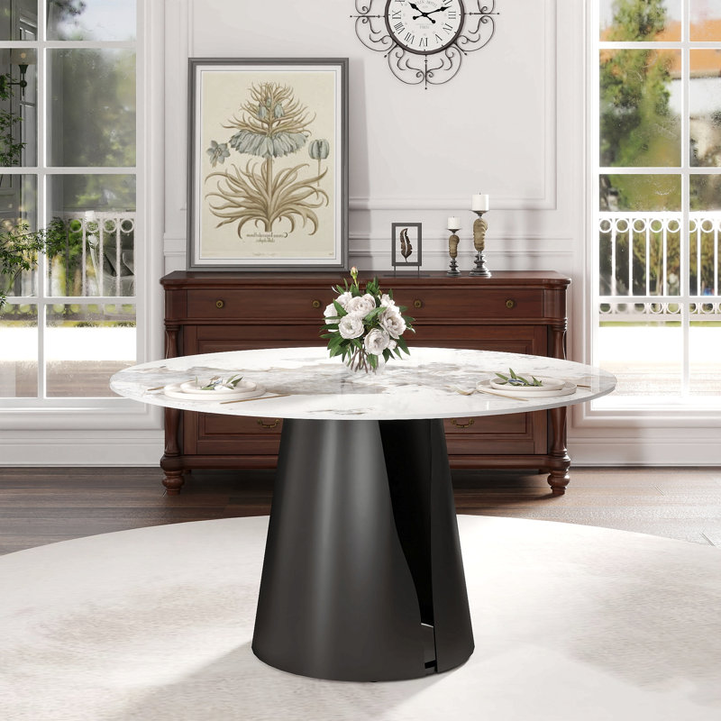 Table de salle à manger moderne 53,15 po en pierre artificielle ronde en acier au carbone noir pouvant accueillir 6 personnes
