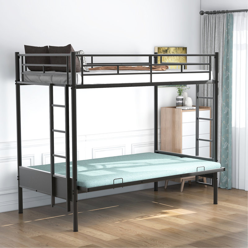 Multi - Function Black Twin Over Full Metal Bunk Bed, Futon Conversion, Features, Quality Steel Frame Function, Black, Easy Setup