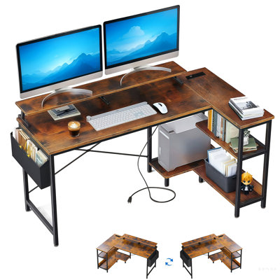 47'' Reversible L Shaped Gaming Desk With Power Outlets And Ports, Home Office Monitor Stand Storage Shelf, For Bedroom Tiny Spaces, Vintage Look Desk, + Metal Material 47 - Inch Computer Charging,