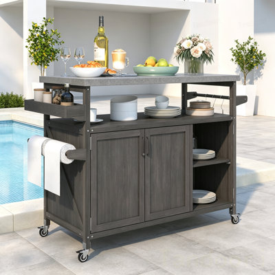 Îlot de cuisine, chariot à roulettes et armoire de rangement, table de barbecue en bois massif avec plateau en acier inoxydable, porte-épices, porte-serviettes