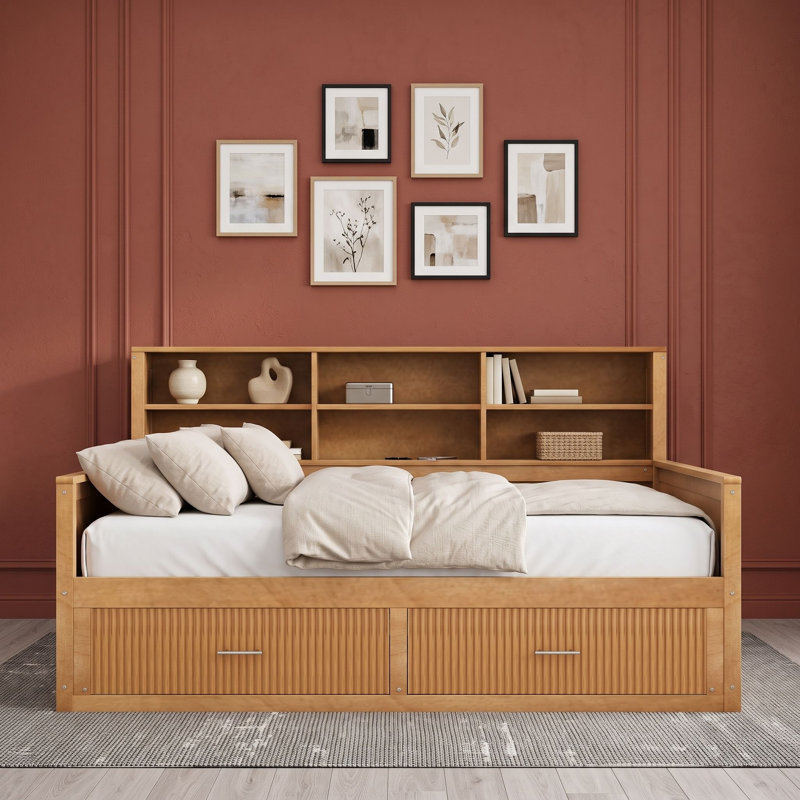 Lit de jour en bois avec 2 tiroirs, tablettes de rangement et station de recharge, Full, Walnut