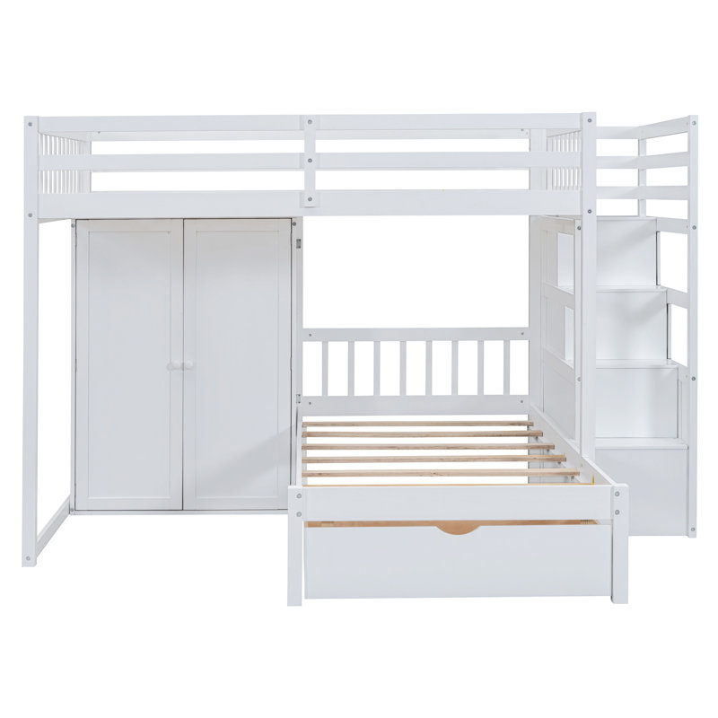 Lit superposé double au-dessus de simple avec garde-robe et tiroirs, Blanc