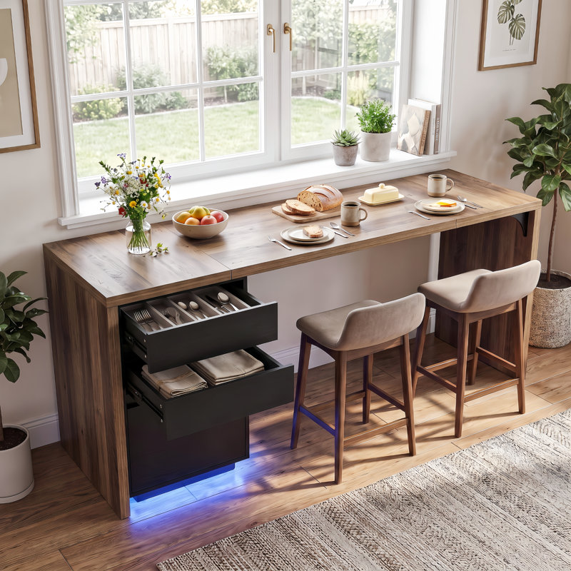 Table de salle à manger à hauteur de comptoir de 79 po avec 3 tiroirs et lumière DEL, table de cuisine moderne avec armoire de rangement pour salle à manger