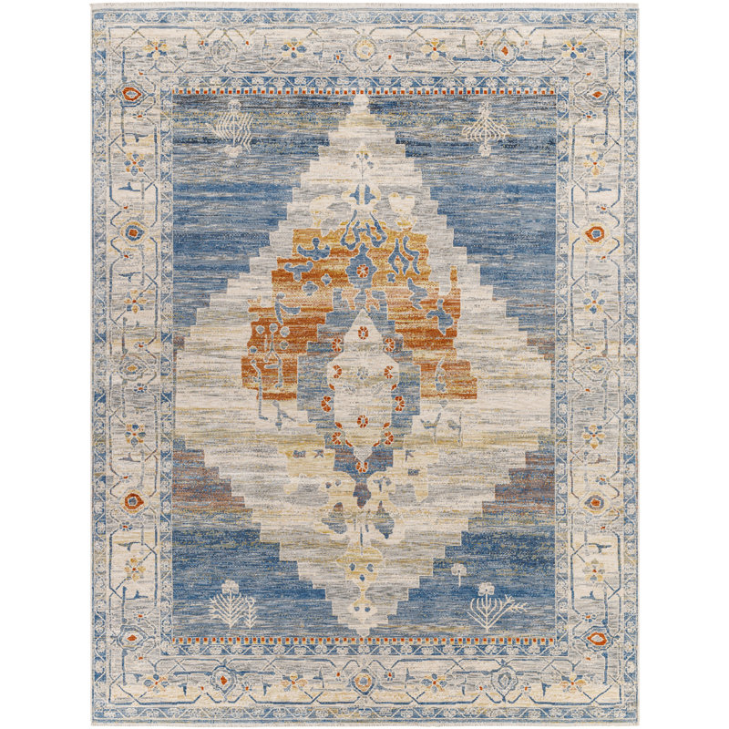 Tapis oriental en polyester tissé à la machine en bleu, Rectangle 11 pi 11 po x 15 pi 7 po