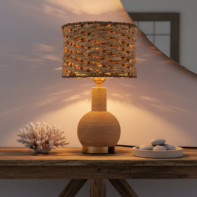 Lampe de table en rotin 19 po avec gradateur tactile USB 3 voies Amber