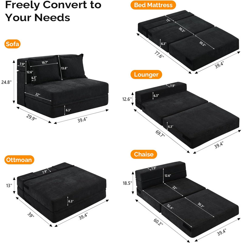 Taneia 39.4'' Upholstered Convertible Sofa, Black Chenille