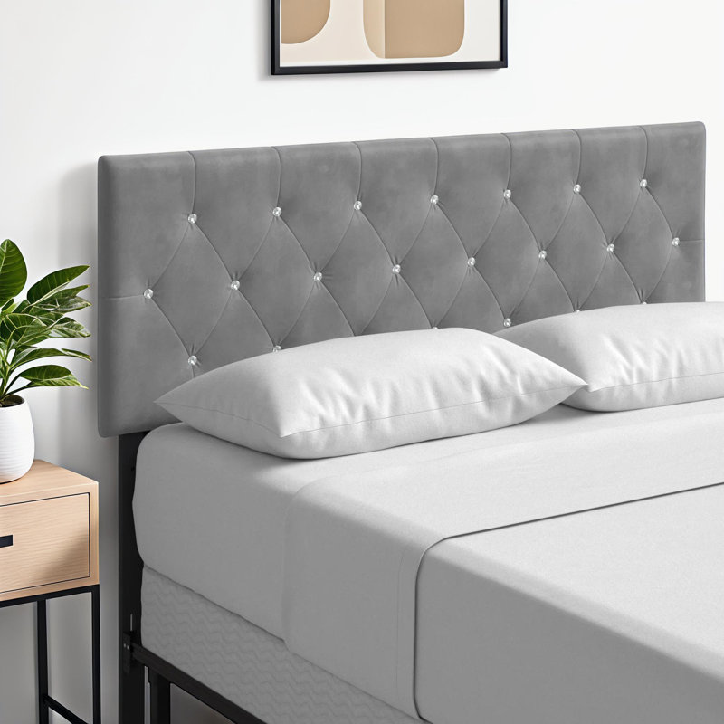 Ameer Velvet Upholstered Panel Headboard, Grey Velvet, Queen