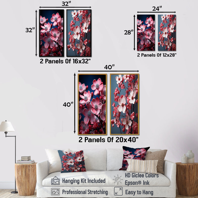 Rose cornouiller Blooms Delicate Beauty - ensemble de salon art mural cornouiller 2 pièces, Toile tendue, H 32 po x l 33 po