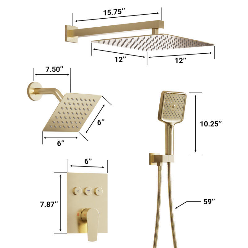 3-Function Dual Shower Head Pressure-Balanced Shower System With 4 Sprays Handheld, Brushed Gold