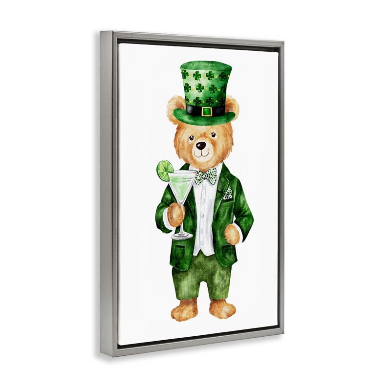 Cadre flottant pour ours et cocktail de la Saint-Patrick, design par Amy Hall, H 25 po x l 17 po, Cadre flottant gris lustré