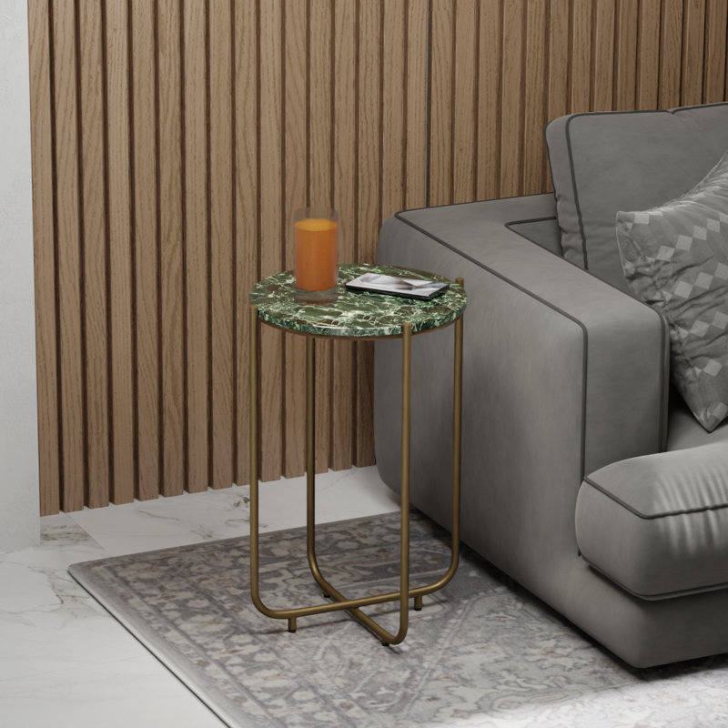 Solid Marble-Top 15.5″ Round End Table – Gold Metal Base, Modern Small Side Table, Accent / Drink Table