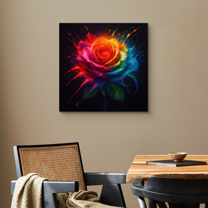 «Rainbow Burst Rose Bloom», art floral moderne audacieux, impression sur toile encadrée, H 16 po x l 16 po x P 1,5 po