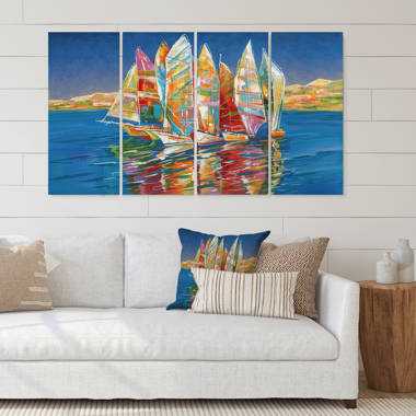 Colorful Sailboat On Blue On Canvas 4 Pieces Painting