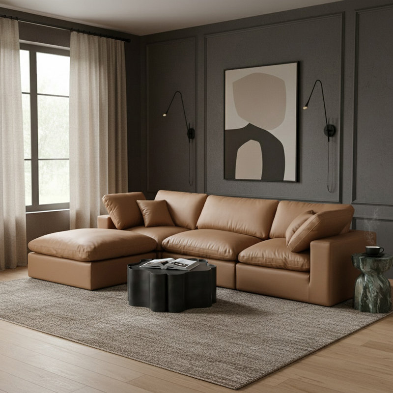Canapé modulaire réversible de 120 po en similicuir de large avec repose-pieds, Cuir cognac végétalien