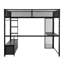 Lit mezzanine en métal pleine grandeur avec DEL, bureau, garde-robe ouverte et 3 tiroirs de rangement en lin