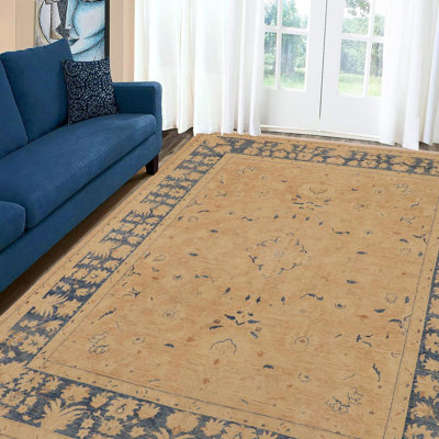 Tapis brun / bleu en laine noué à la main à motif floral 9 pi 1 po x 11 pi 7 po Floral