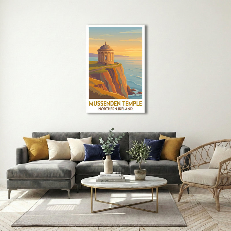Mussenden Temple, Northern Ireland - Cliffside Romance Travel Poster Of The Iconic Coastal Temple. Giclee Print On Wrapped Canvas. Wall Art, Home Decor - Iconic Buildings & Architecture, Northern Ireland - Wrapped Canvas Print