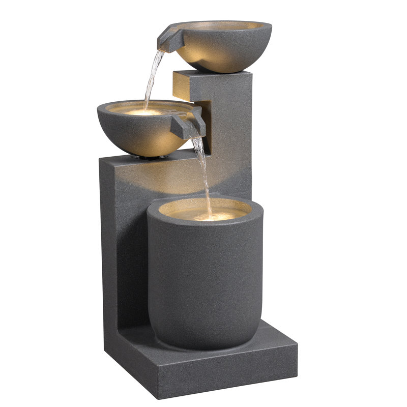 Gray Modern Tiered Bowl Fountain, Decorative Water Fountain with LED Lights and Quiet Pump, Indoor Outdoor Water Feature for Patio, Garden, Deck, Balcony, Office and Home Décor, Relaxing Cascading Water Design