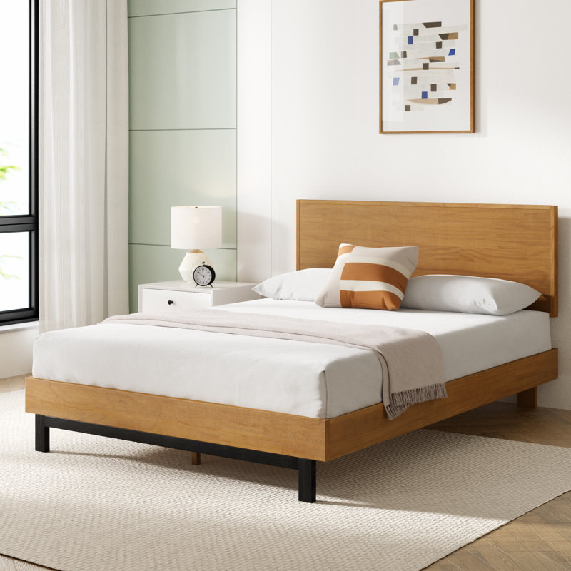 Base de lit plateforme en bois massif avec tête de lit réglable Lirim, Simple, Brun pâle
